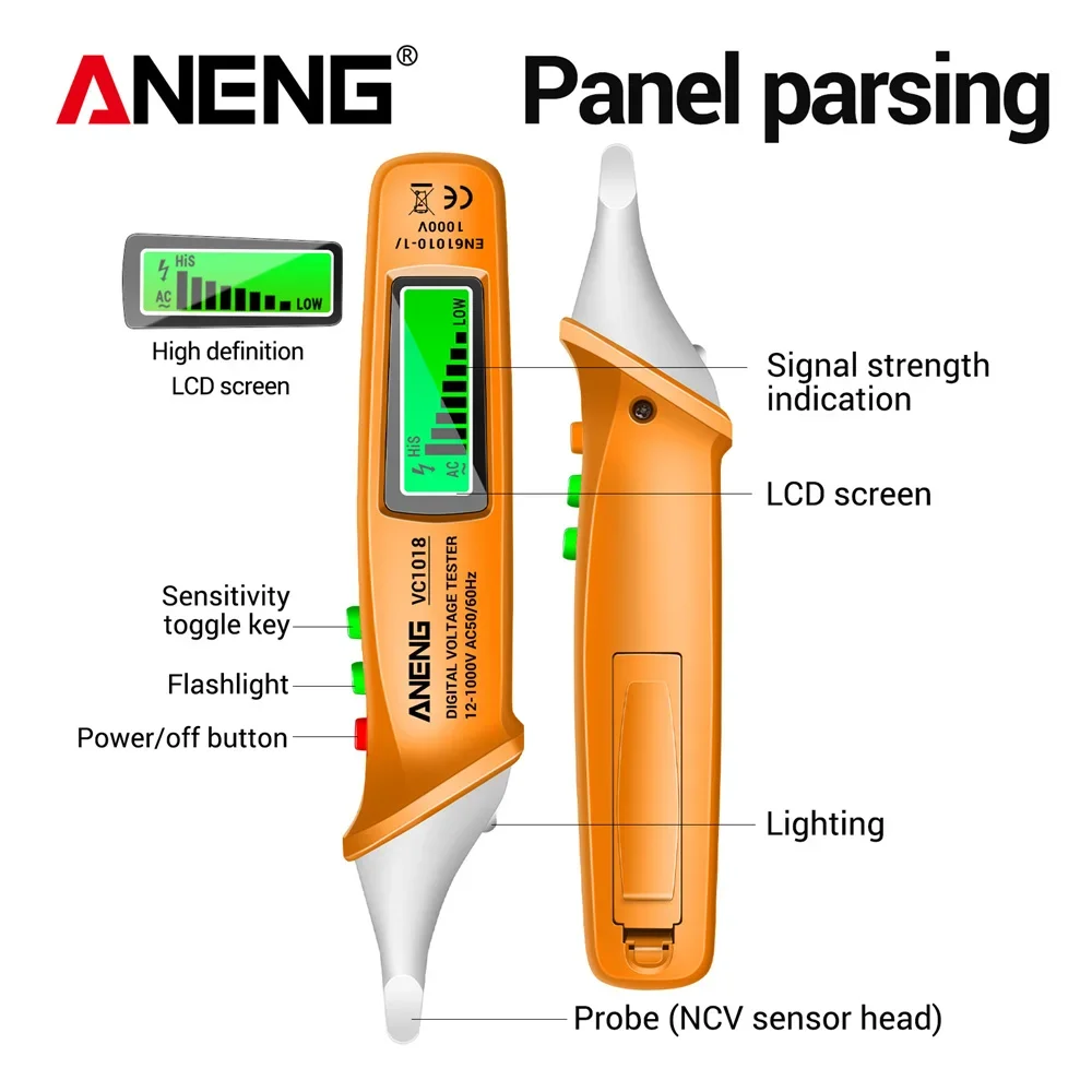 ANENG VC1018 eléctrico voltimetro digital dc panel 1000V tester electricista tester detector de voltaje comprobador de corriente electricidad fuente alimentacion regulable busca polos electrico comprobador boligrafos
