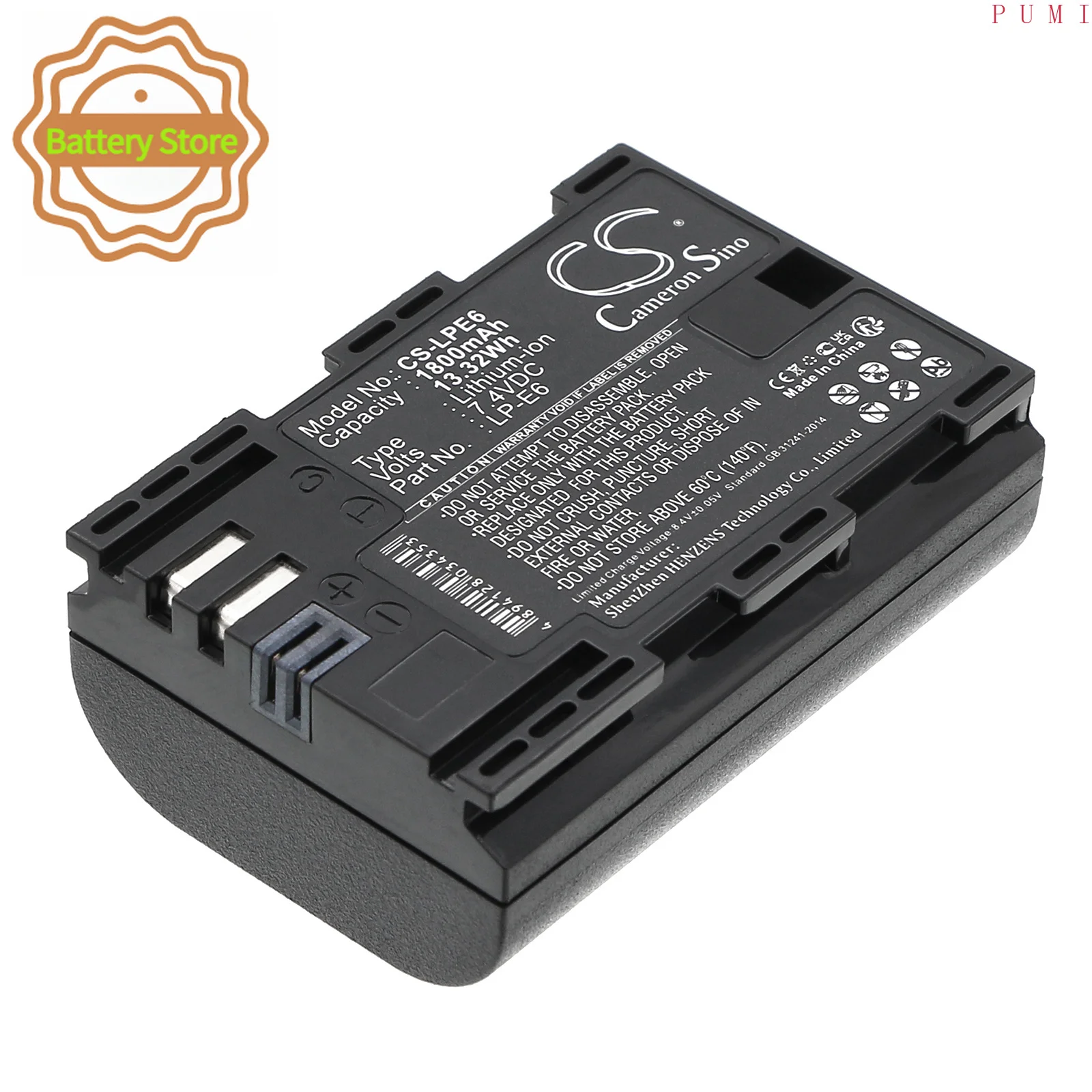 CS Replacement Battery for Canon EOS 5D Mark II,EOS 5D Mark III,EOS 5DS,EOS 5DS R,EOS 6D,EOS 7D,E PN:LP-E6N 1800mAh / 13.32Wh