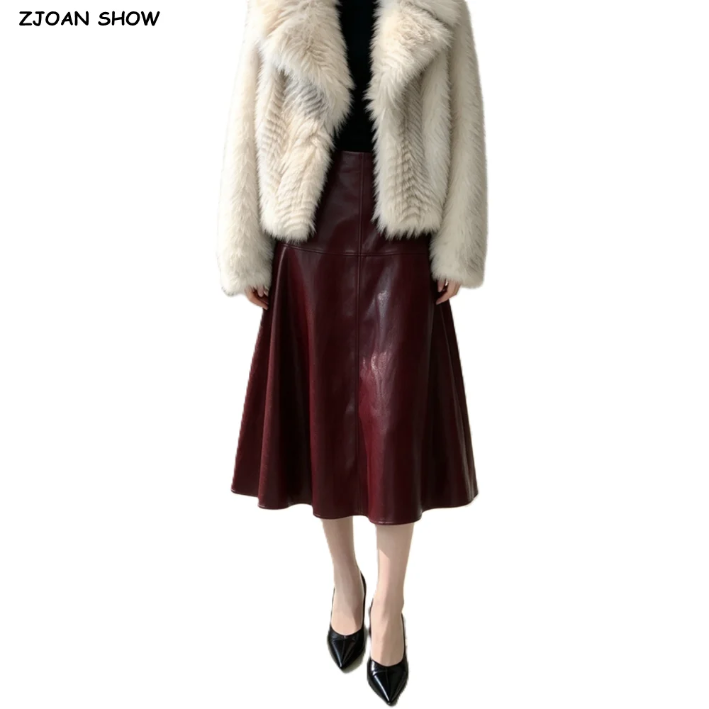 3 Colors Autumn Winter Women Vintage Faux Leather Midi Skirt Side Zipper Waist A-lined Swing Skirts Bottom Wine Red Coffee Black