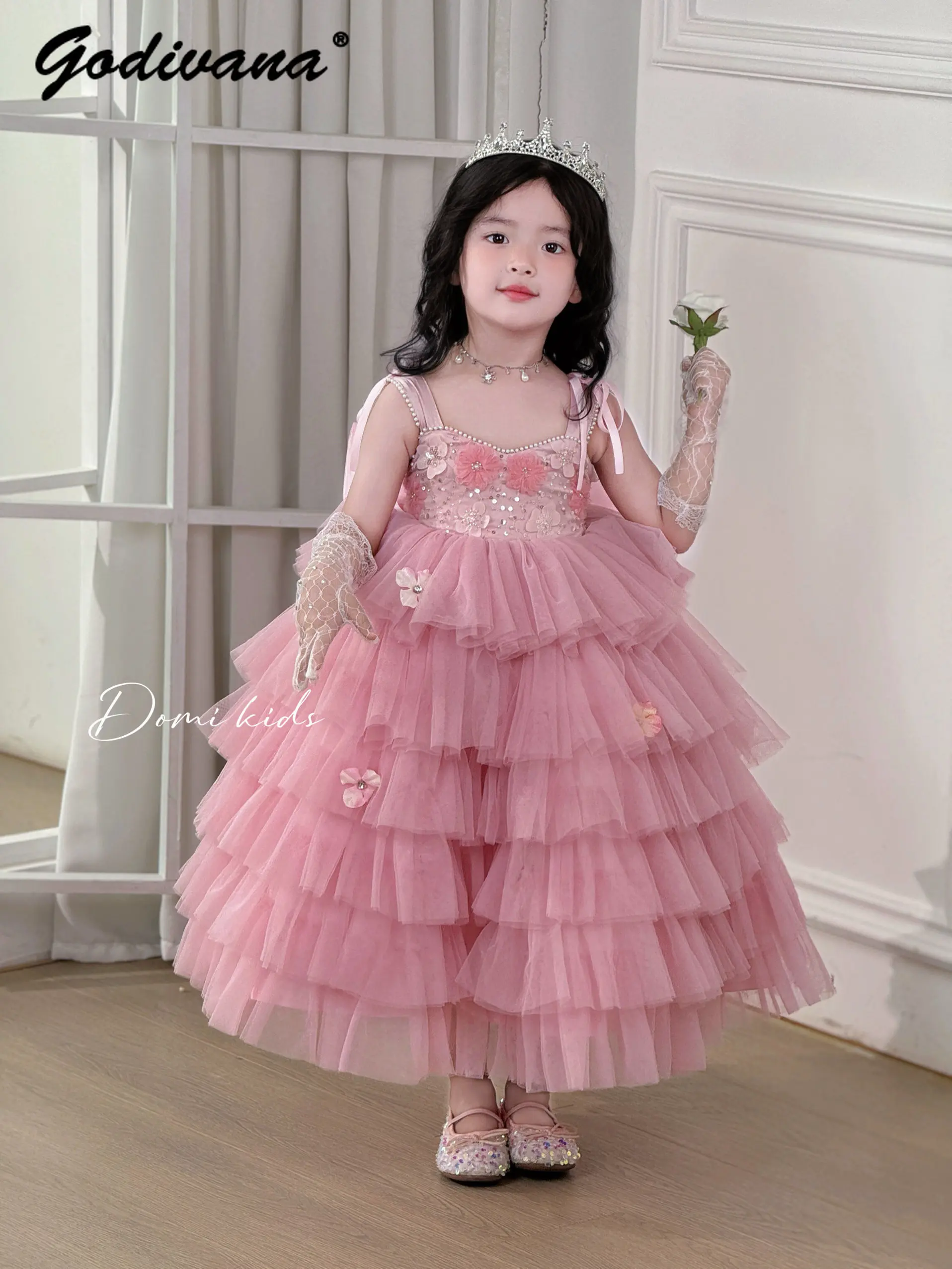 Original Baby Girls High End Heavy Mesh Suspender Princess Dress Kids Summer New Sweet Rhinestone Floral Birthday Cake Tutu Gown
