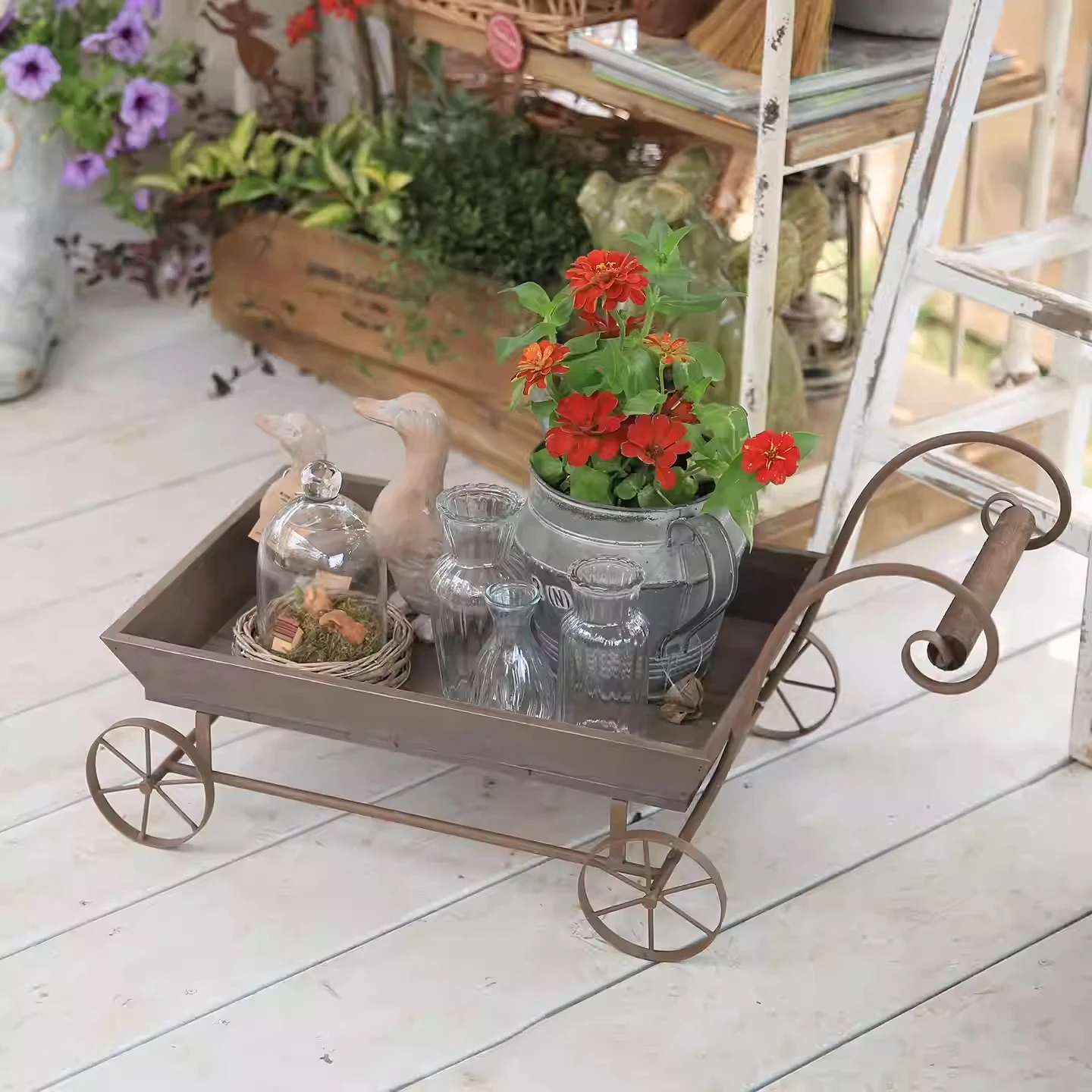 Vintage Wooden Garden Wagon Planter, Rustic Farmhouse Decorative Cart, Rolling Wheelbarrow Flower Display Trolley