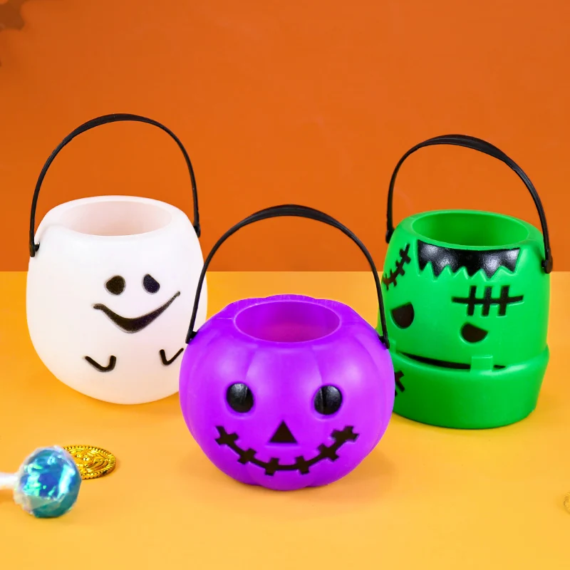 

1pc Halloween Plastic Candy Bucket Purple Pumpkin White Ghost Green Monster Hand-held Small Bucket Halloween Party Decoration