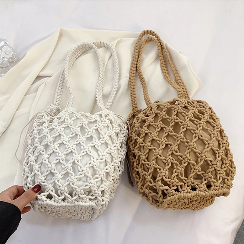 Summer Straw Bucket Bags For Women Handmade Drawstring Beach Shoulder Bags Raffia Rattan Woven Handbags Vacation Shopping Bags