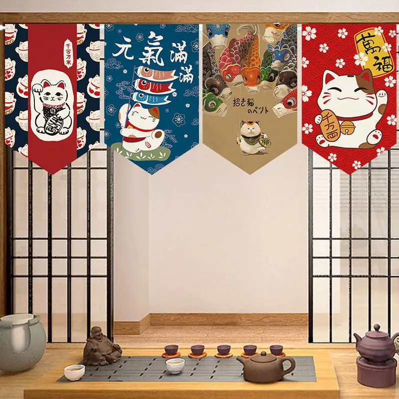 Japanese Style Fortune Cat Fabric Partition Door Curtain Triangle Hanging Flag Kitchen Bedroom Decoration Sushi Shop Tapestry