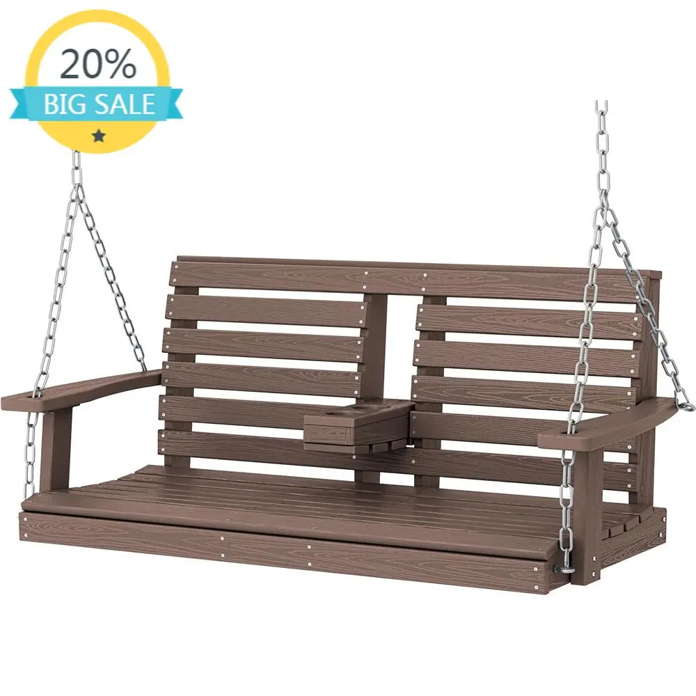 

Brown Weather-Resistant Outdoor Porch Swing with Cup Holders, Supports up to 660 lbs for Courtyard and Garden Use