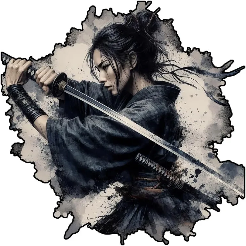 Japanese Samurai Girl Katana Sticker Ink Splash Anime Vinyl Decal for Motorcycle Camper Bumper Car Window Otaku Decor