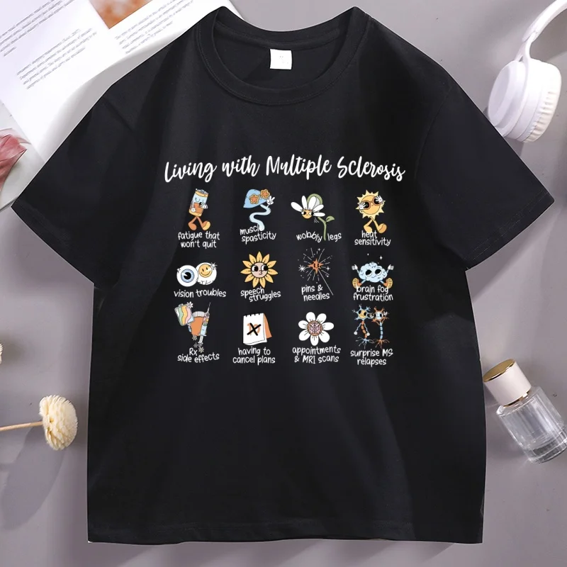 

Living with Multiple Sclerosis T Shirt Men Women Warrior Autoimmune Disease Tee Causal Short Sleeve Round Neck T-shirt Clothes