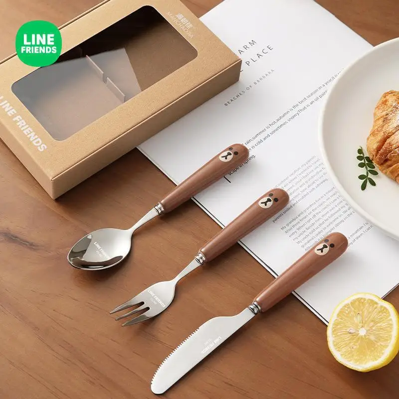 LINE FRIENDS New Brown Western Steak Knife Fork Set 304 Stainless Steel Ceramic Dessert Spoon Household Tableware Christmas Gift