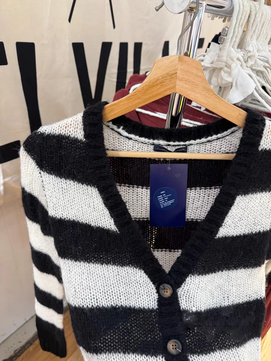 Striped Knitted Long Sleeve Sweater Cardigan Autumn V-neck Cotton Thin  Knitwear Tops Woman Vintage Slim New All-match Sweaters