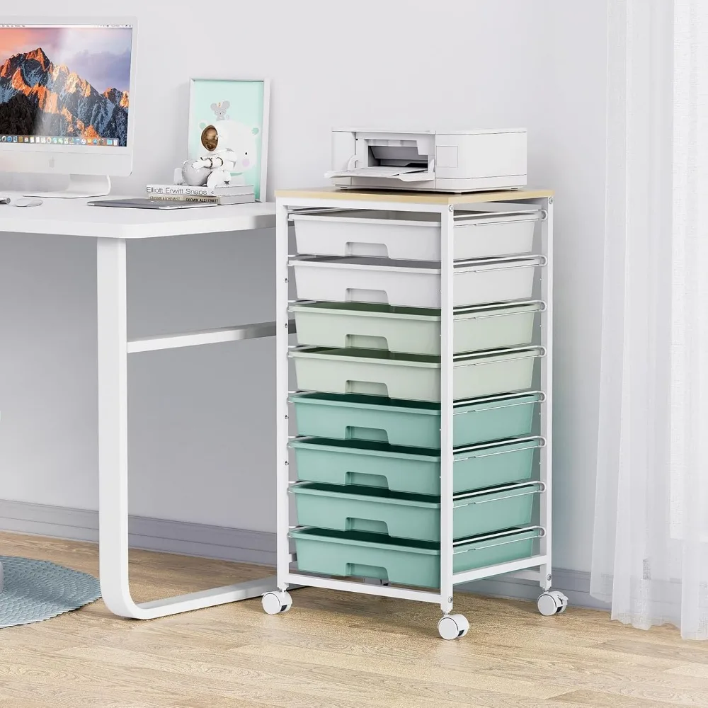 8-Drawer Rolling Storage Cart with Wooden Tabletop for Home, Office, and Classroom Organization