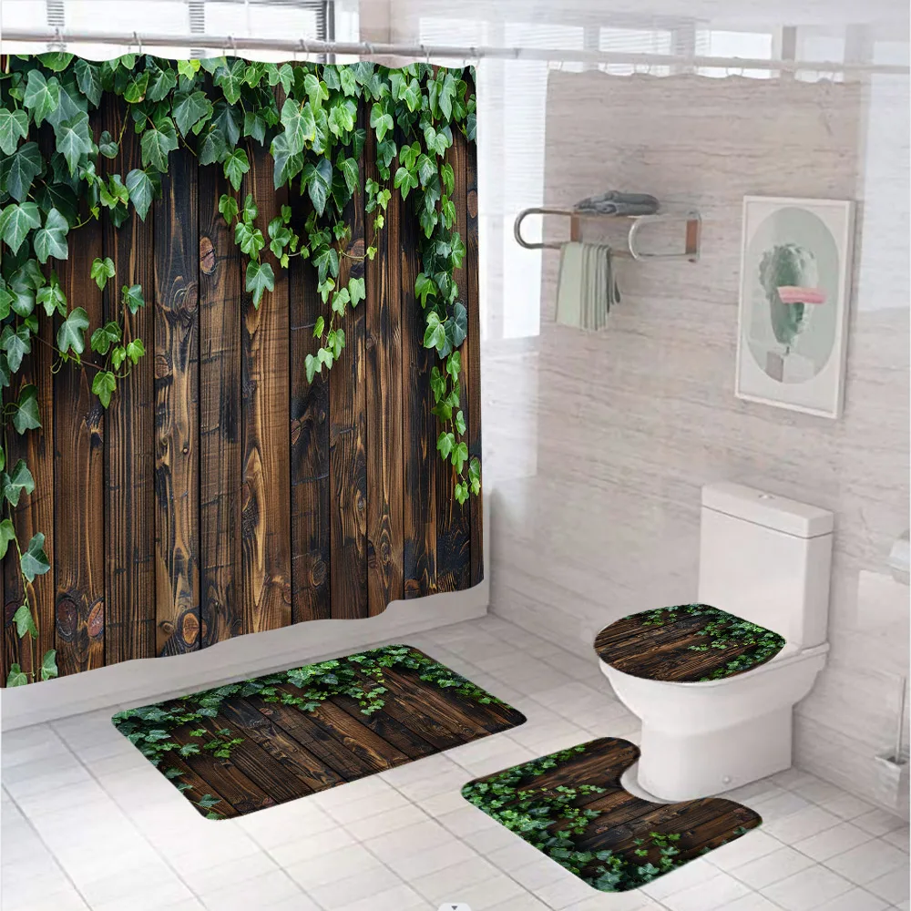 

4Pcs Rustic Wooden Board Green Leaves Shower Curtain Set For Bathroom Garden Plant Vine Bathtub Screen Bath Mat Rug Toilet Cover