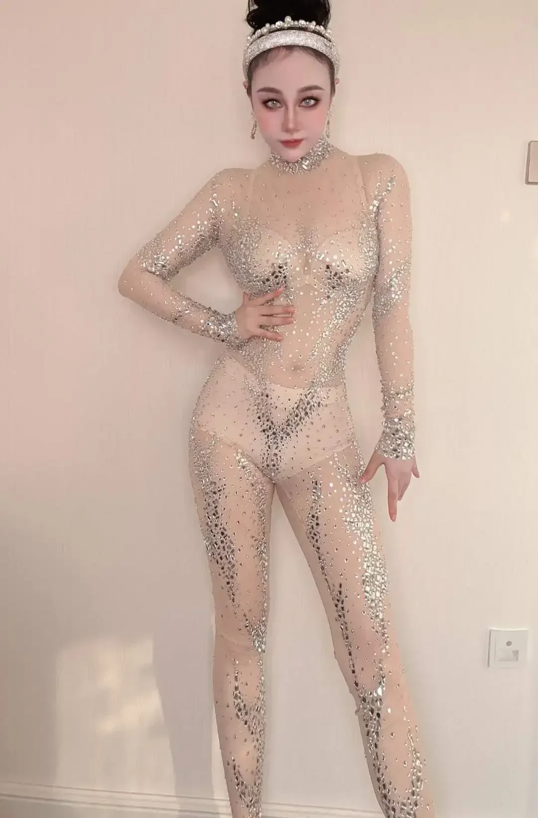 Durchsichtig Sexy Frauen Mesh Sparkly Strass Overalls Stretch Drag Queen Outfit Sänger Bühne Tragen Nachtclub Kostüm