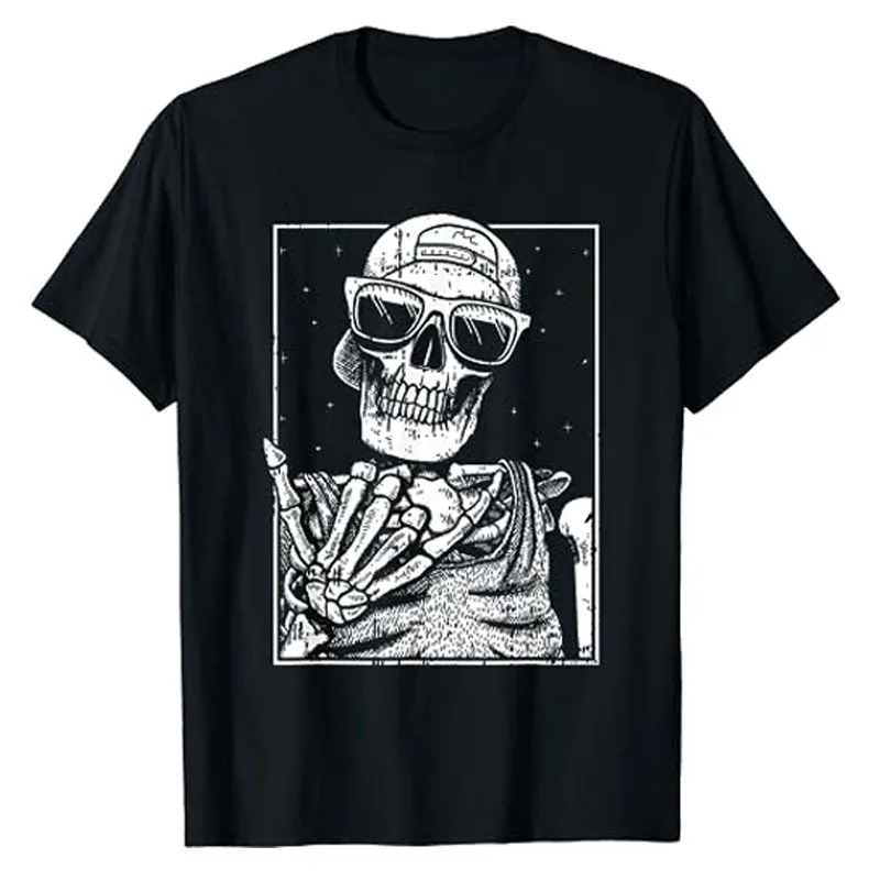 Skeleton Rock Hand Halloween Costume Cool Rock Music Rocker T-Shirt Horror Movies Skull Print Streetwear Graphic Tee Cool Tops