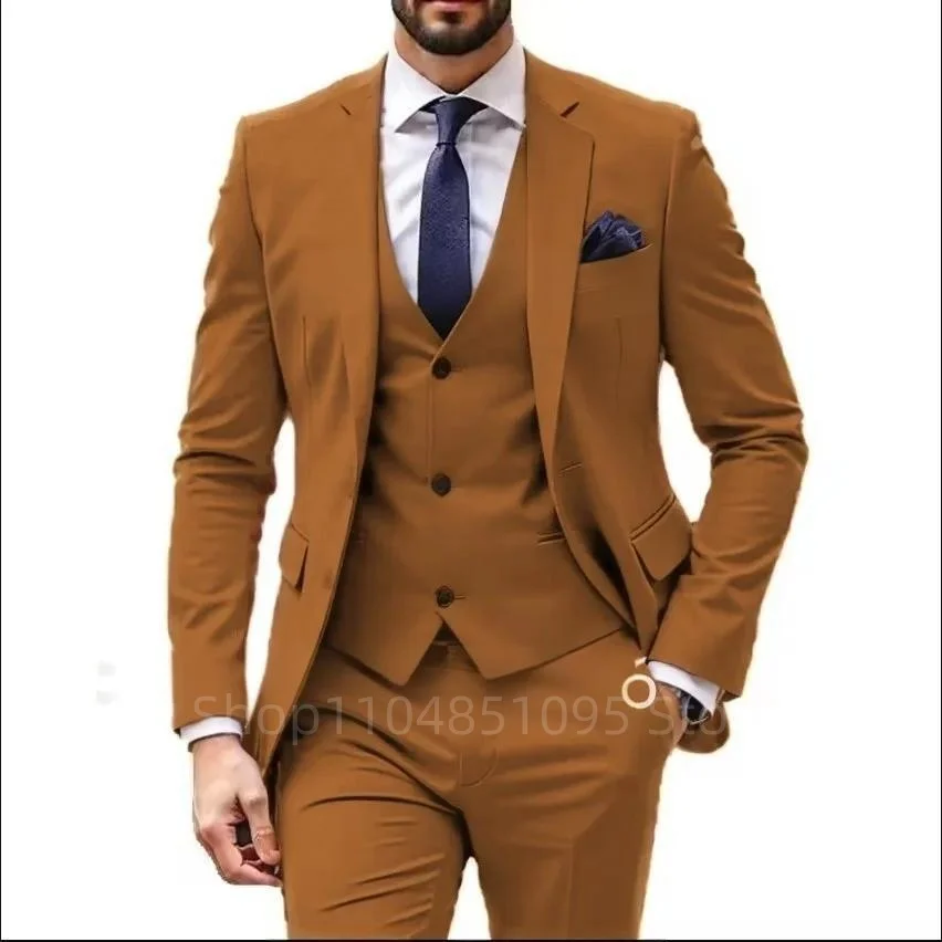 

Elegant Wedding 3 Piece Jacket Pants Vest Full Set Single Breasted Notch Lapel Blazer Brown Male Clothing Business Men's Suits