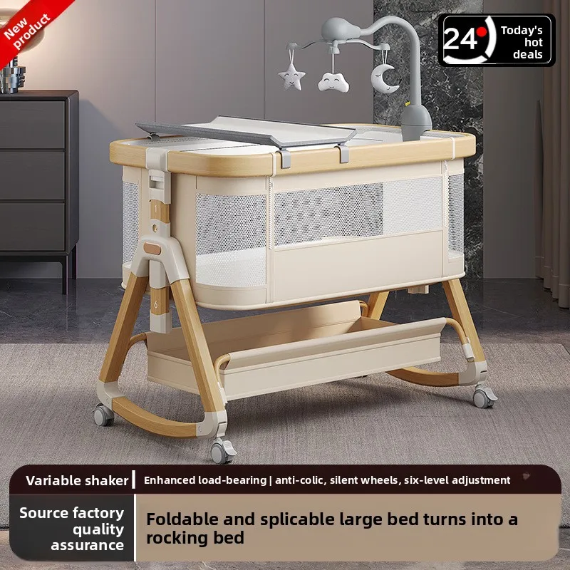 Crib Newborn Cradle Bed Splicing Queen Bed Removable Portable 2-in-1 Foldable Multifunctional BB Bed