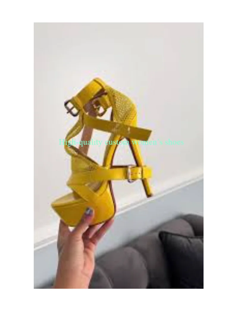 

Yellow Round Head With Exposed Toe Waterproof Platform Stilettos Sandals Mesh Hollow Out Breathable Shoes Luxury High Heels