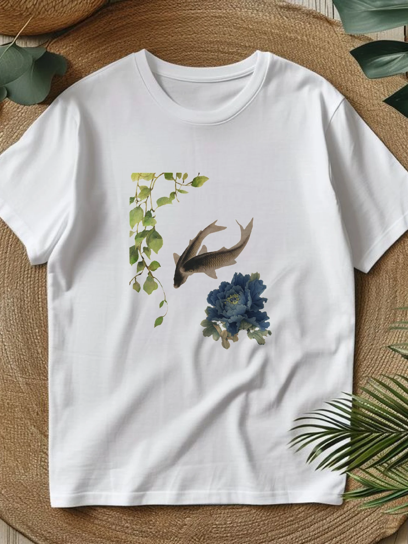 

Women's T-shirts Chinese style style Vintage Running Casual 100% cotton Fish Among Green Leaves printed tee Vintage Harajuku