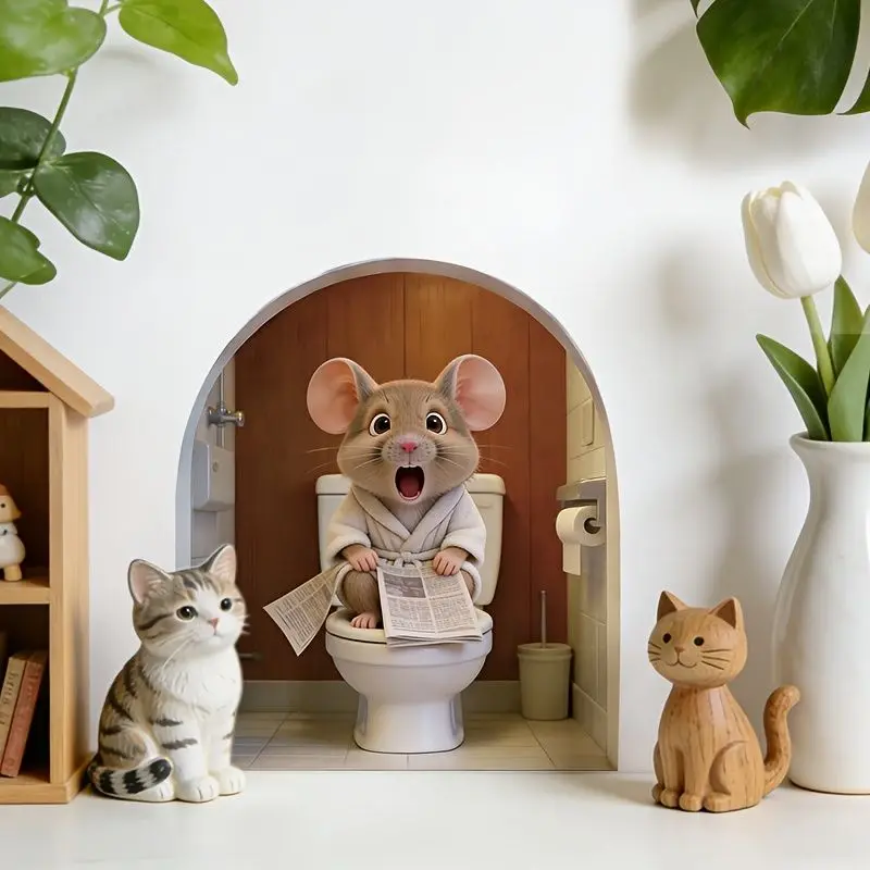 VIKAMA Bathrobe Mouse Reading Newspaper Door Hole Stickers Self Adhesive Creative 3D Stickers Living Room Entrance Room Decor