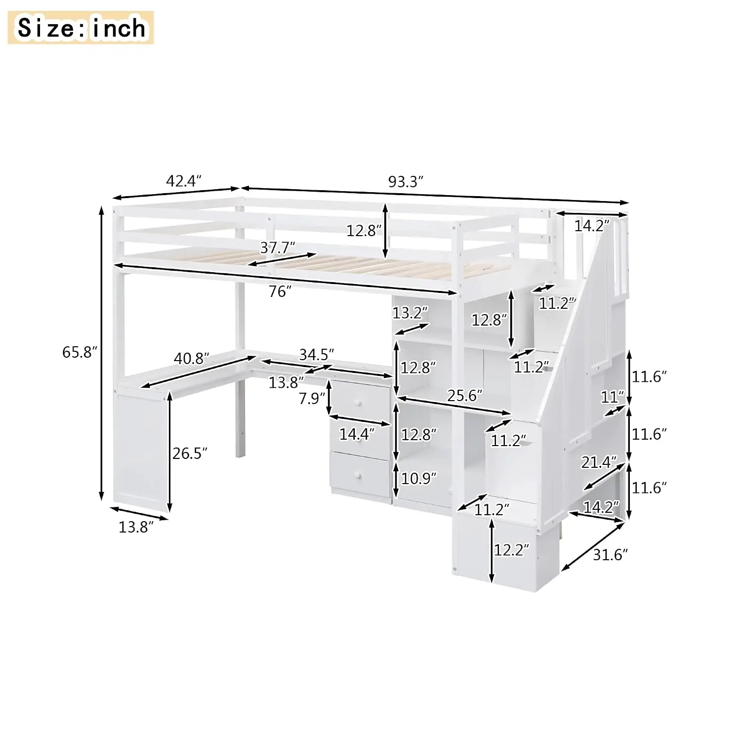 Multifunctional Wood Loft Bed Twin Size with L-Shaped Desk Drawers Cabinet Storage Staircase White, Customized