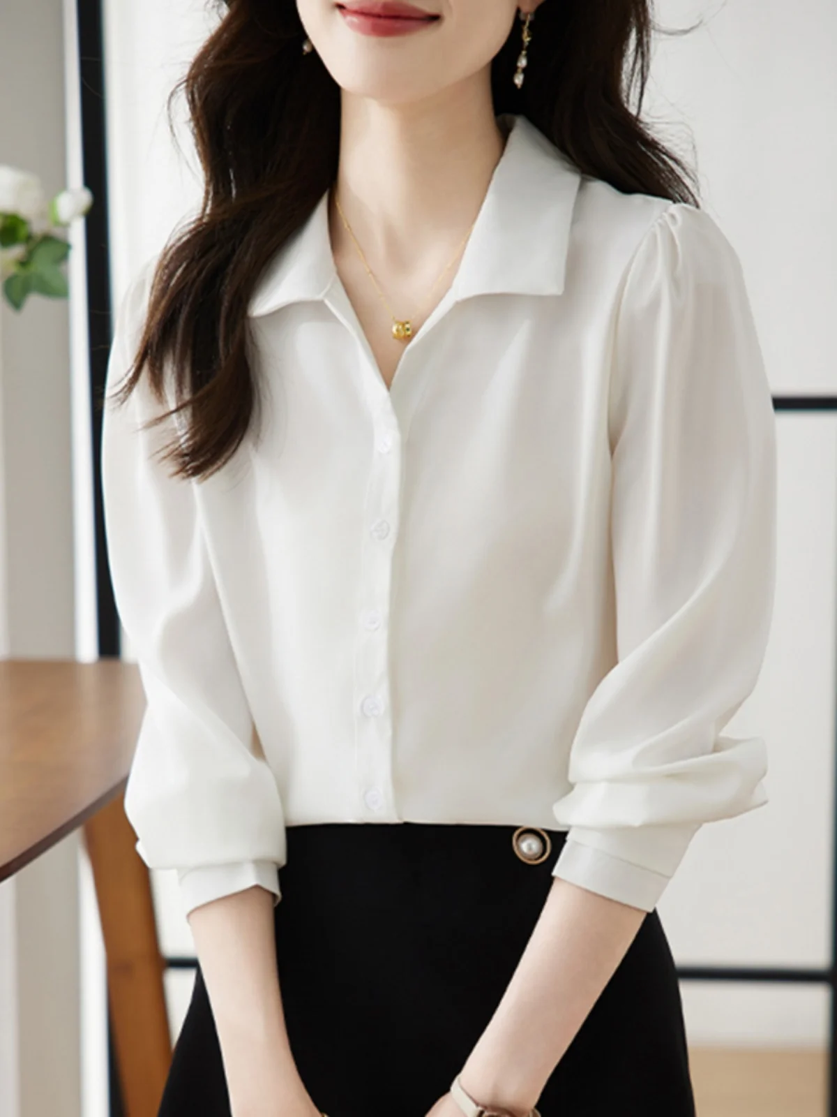 Ele White Silk Satin Women's Long Sve irt Chiffon Blouse Commute Sle Profional Top for Autumn New Arrival