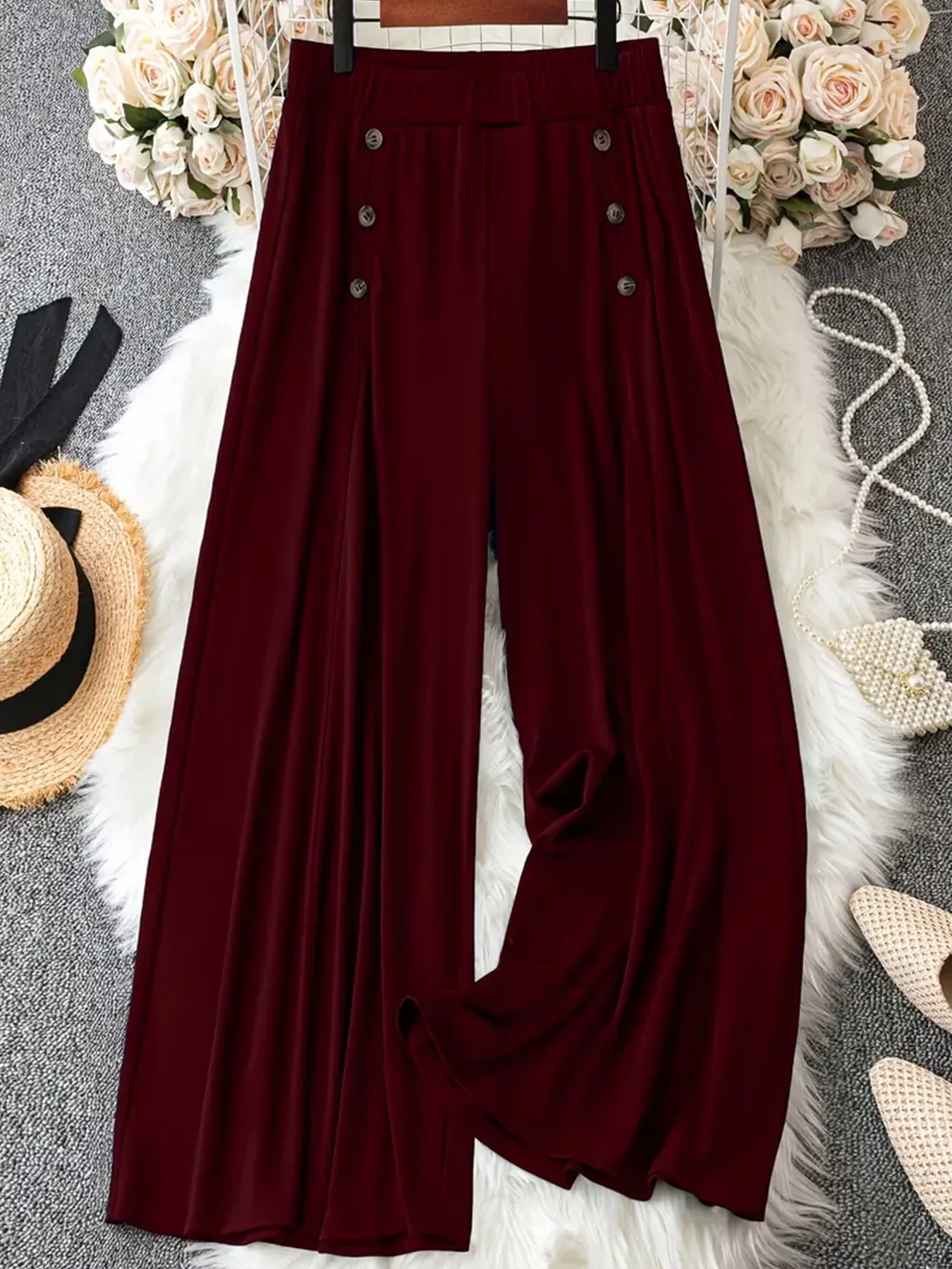 بنطال نسائي عالي الخصر واسع الساق بلون سادة، بنطال كاجوال فضفاض ومريح مع أزرار زخرفية عصرية