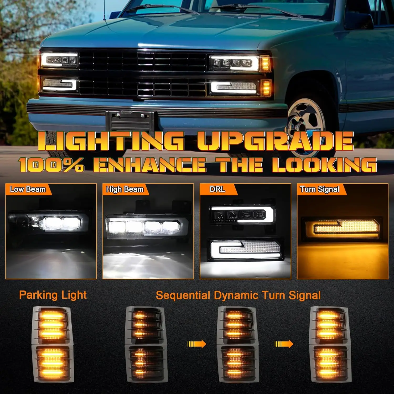 LED Headlight Assembly with Welcome DRL, Turn Signal & Sequential Dynamic Front Side Marker Lights Compatible with 1994-1998 C10