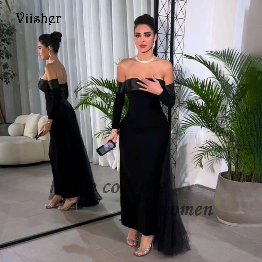 

Black Mermaid Evening Dresses 3/4 Sleeve Strapless Arabian Dubai Formal Prom Dress Beaded Satin Backless Evening Party Gowns