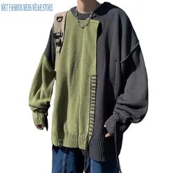 Retro Pullovers Stitching Contrast Sweater Men's Coat Winter Knitwear Loose Fashion Knitted Casual Round Neck Men's Clothing