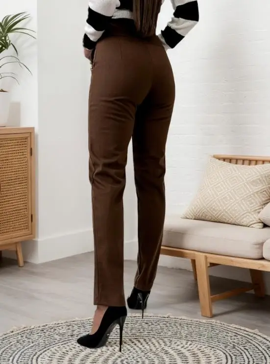 Spodnie damskie 2026 jesień-zima, dopasowane, jednolite, z wysokim stanem, ozdobione guzikami, o kroju ołówkowym, odpowiednie do codziennych dojazdów do pracy.