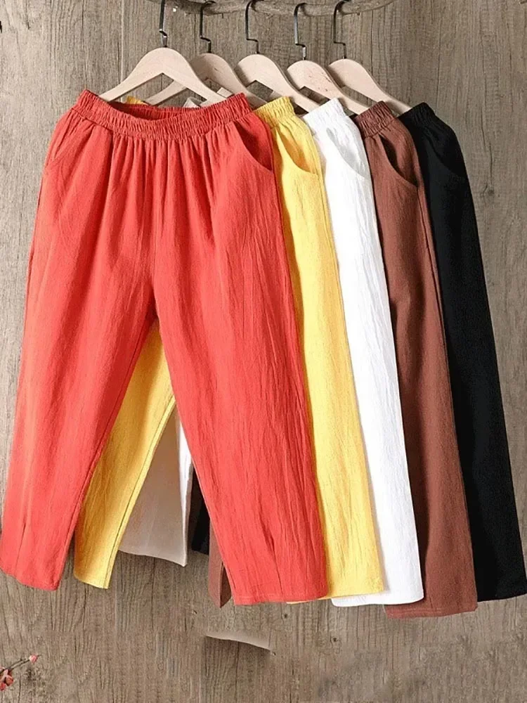 Cotton Linen Pants Women Spring Summer Large Size Solid Color Harem Pants Elastic Waist Loose Casual Woman's Linen Trousers