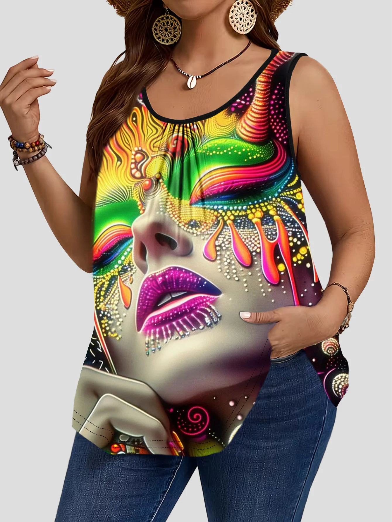3-Piece Set of Large Size Cyber Neon Painted Portrait Tank Tops, Ruched Round Neck Sleeveless Casual Women's Clothing, Slimming and Flattering 4