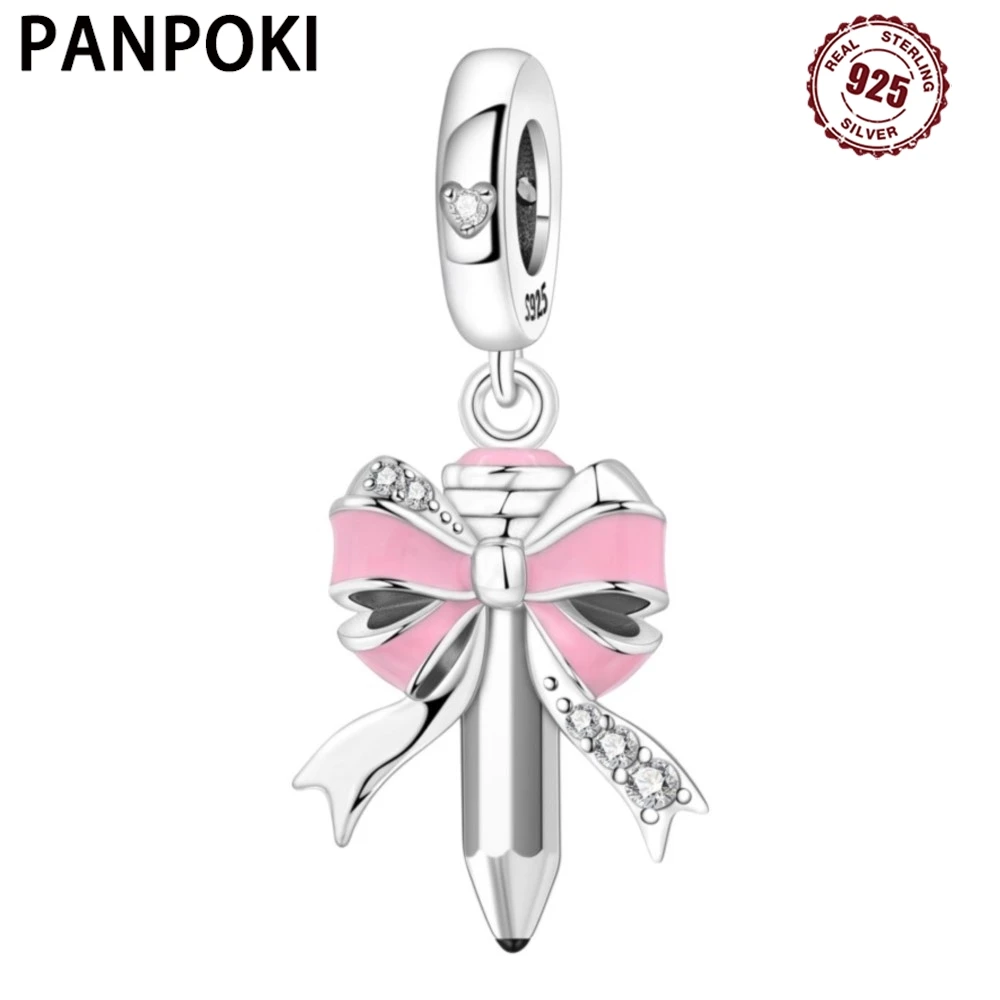 

PANPOKI стерлингового серебра 925, розовый бант, карандаш, оригинальные подвески, браслет, подвески, ювелирные изделия, вечерние бусины, сделай сам, модные подарки, аксессуары