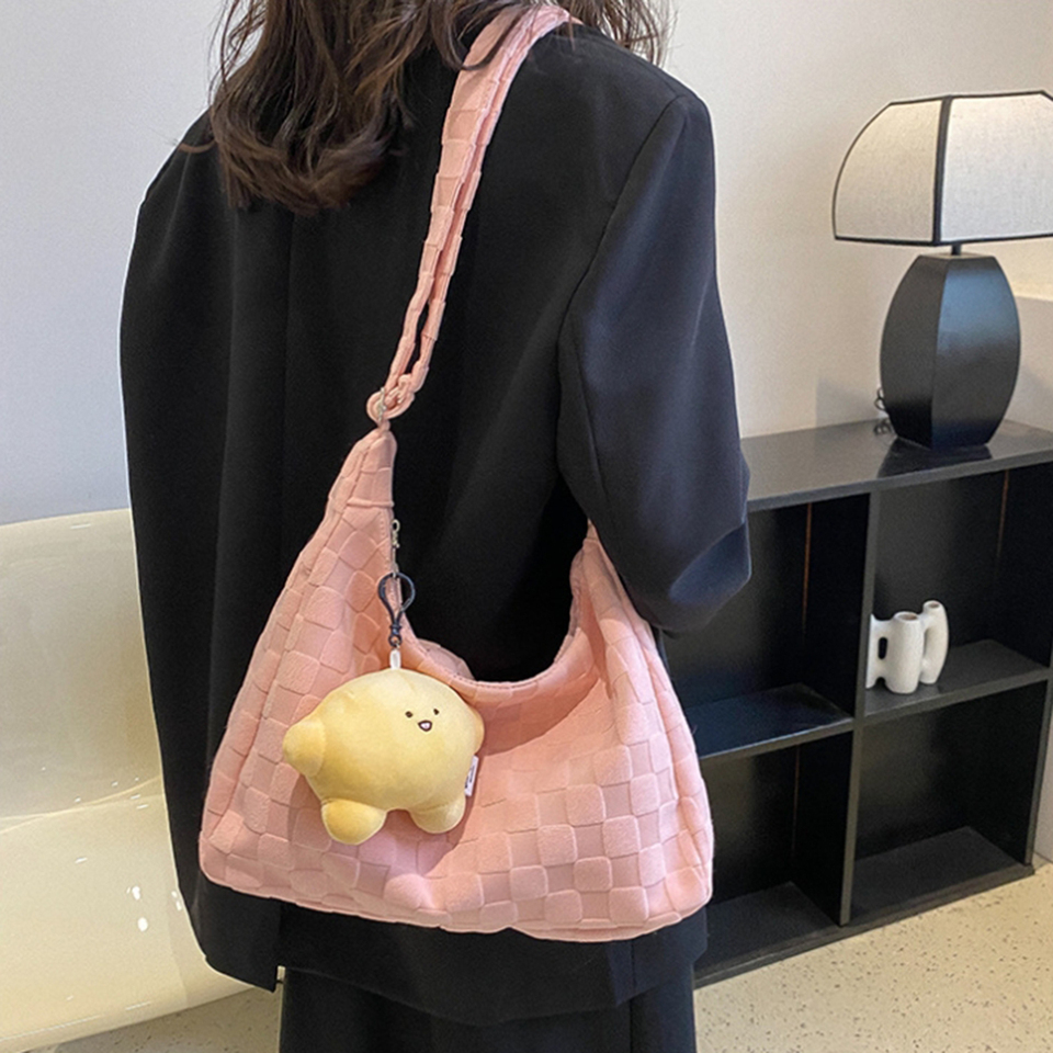  1 Pc, Pink Checkered Autumn and Winter New Crossbody Bag, a Laid-Back Style Large-Capacity Student Commuting Single-Shoulder Bag. 