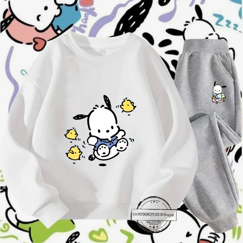 Autumn and winter new cartoon print Pochacco Sanrio children's crewneck hoodie set boys and girls autumn long sleeve casual