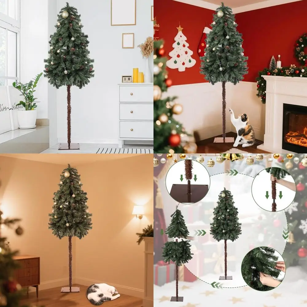 

6ft Tall Artificial Green Pencil Christmas Tree with Burr Strips, Cat-Resistant Design for Home, Shops, and Parties