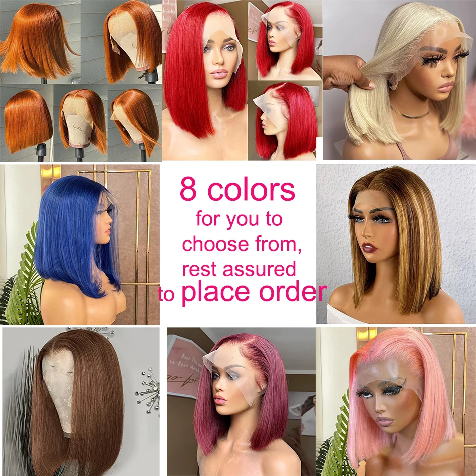 สีฟ้า 13x4 สั้น BOB ลูกไม้ด้านหน้าวิกผมกระดูกตรง 100% วิกผมผมมนุษย์วันเกิดผู้หญิงชุดเซ็กซี่วิกผม