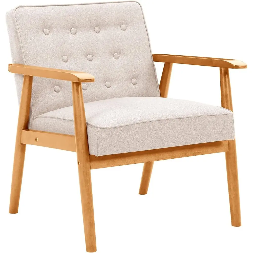 

Mid-Century Modern Accent Chair, Solid Wood Arms, Upholstered Lounge Seat, Walnut Finish, Innerspring Cushion, Linen Fabric (Bei