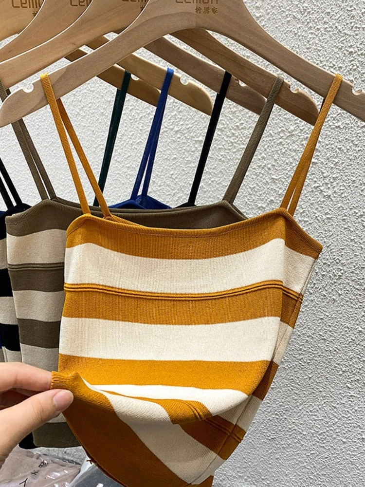 Fashion Icy Silk Tank Top Versatile Inner Wear Outer Wear 2026 Summer Striped Open Back Women Camisole Sleeveless Sexy Crop Top