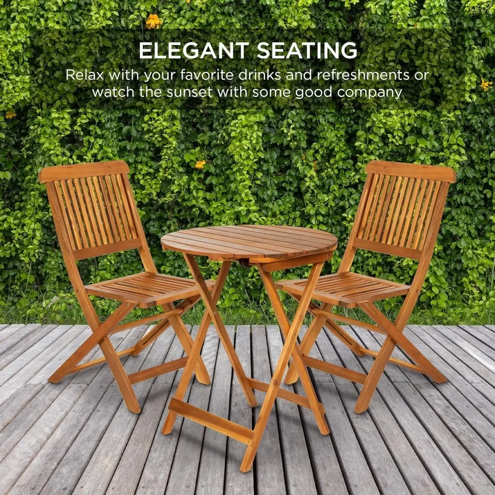 Set da bistrot in legno di acacia da 3 pezzi, mobili da giardino pieghevoli per cortile, balcone, terrazza con 2 sedie, tavolino rotondo, finitura in teak