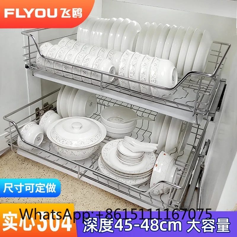 FLYOU Custom 2-Tier Pull Out Cabinet Basket SUS304 Stainless Steel Soft Close Slide Dish Spice Tool Storage Organizer
