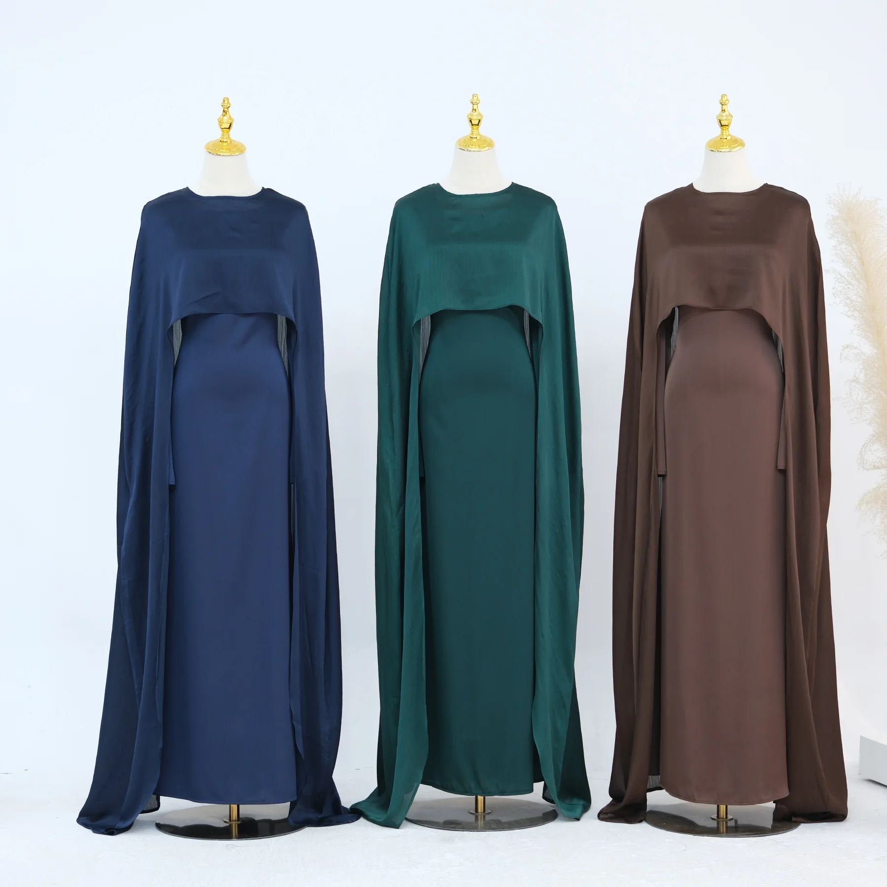 2026 Muslim Women's Solid Color Loose Elegant Simple Basic Daily 2 Piece Sets Long Sleeve O-neck Dresses Open Stitch Cardigans