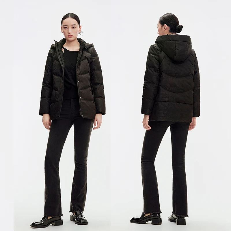 Chericom レディース ブラック フード付きダウンジャケット ジャカードパターン 暖かいパファージャケット ショート 冬の必需品 ジッパーパファージャケット Y299300Y