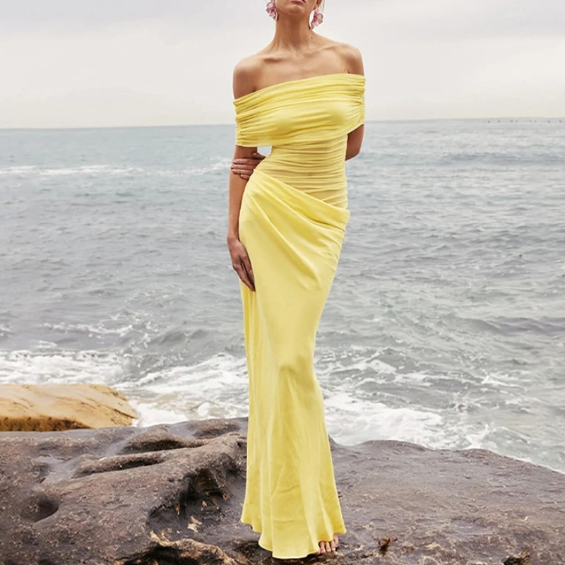 Sexy Mesh-langes einfarbiges Kleid mit schrägem Kragen, ärmellosem Rücken, nackter Faltenschnitt, Partykleid für Frauen, Sommer 2025, Sli