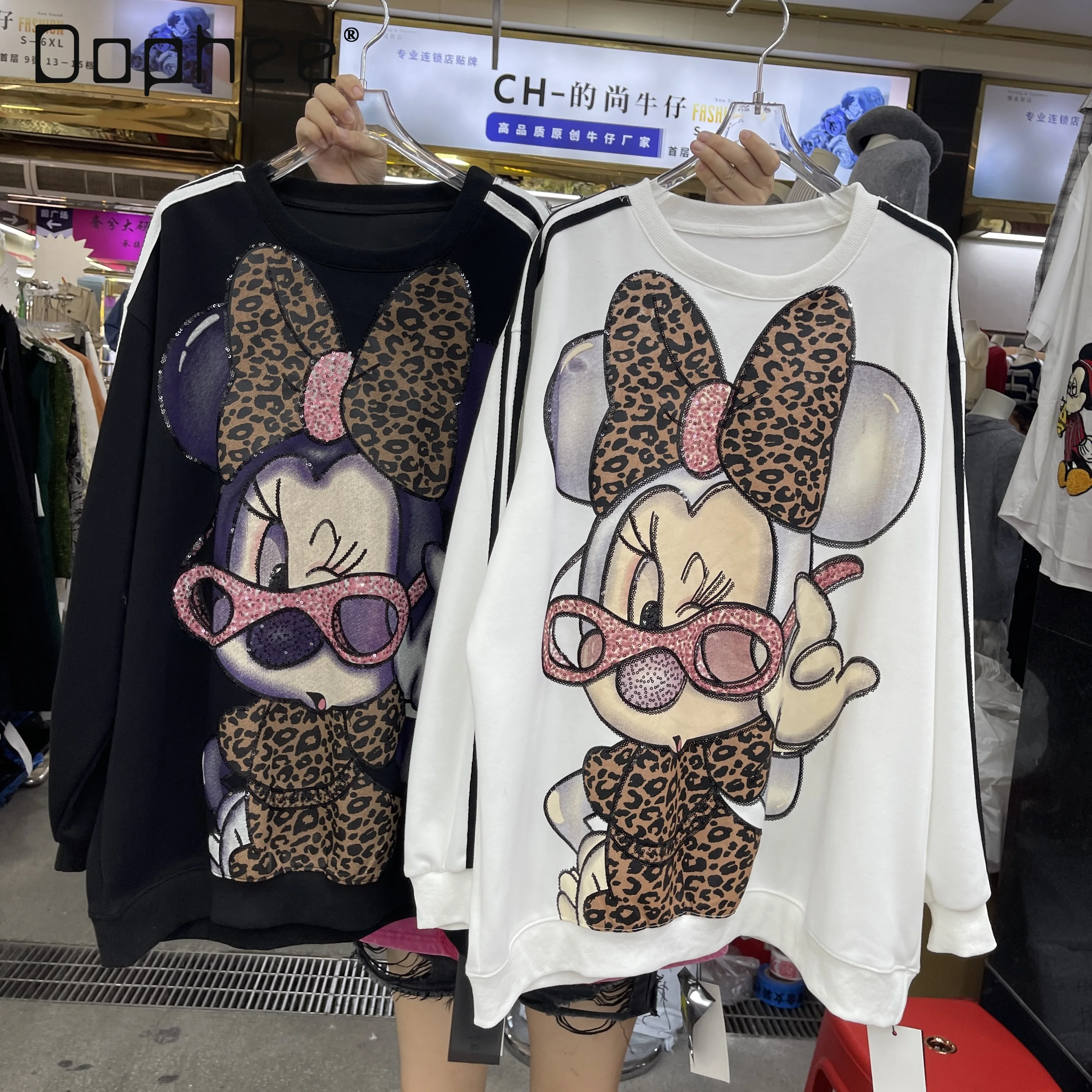 2025 Autumn New Heavy Sequin Cartoon Print Loose Washed Cotton Pullover Sweatshirt for Women Cartoon Age-Reducing Round Neck Top