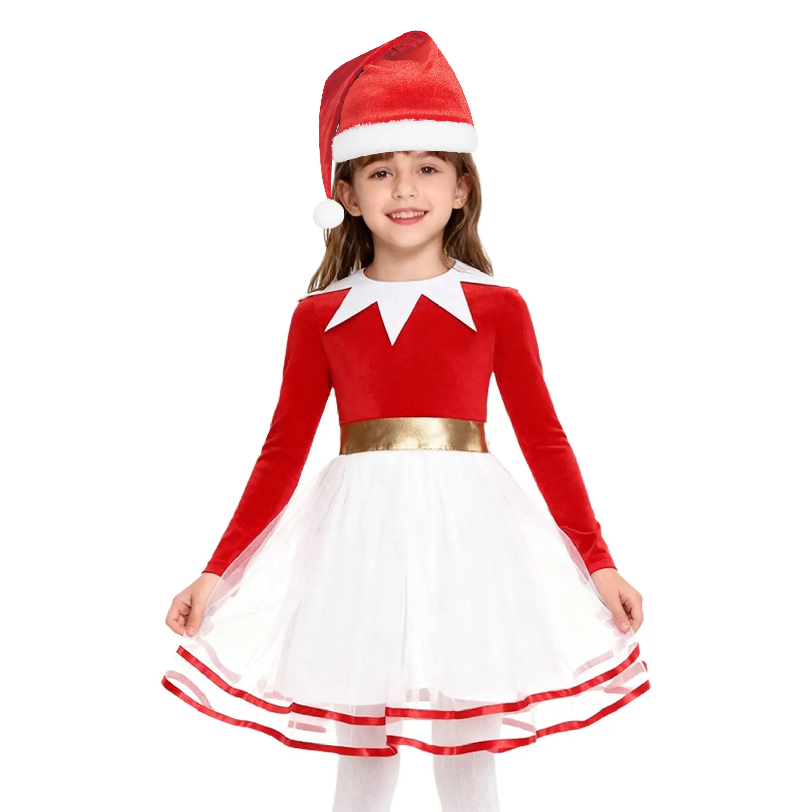 

#6-16 Christmas Elf Candy Cane Role Play Costume Long Sleeves Velvet Bodice Tulle Dress with Hat for Holiday Theme Party Cosplay
