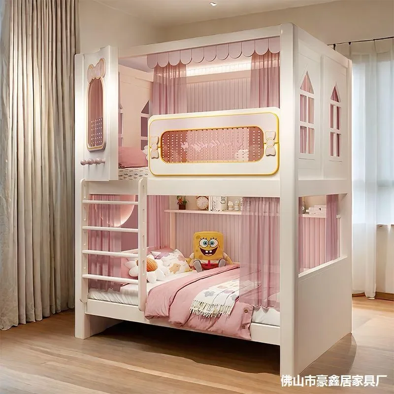 Solid  High and Low Two Layer Guardrail Sister Bed  Girl Princess Children Bed Double Bunk Bed with Second Floor