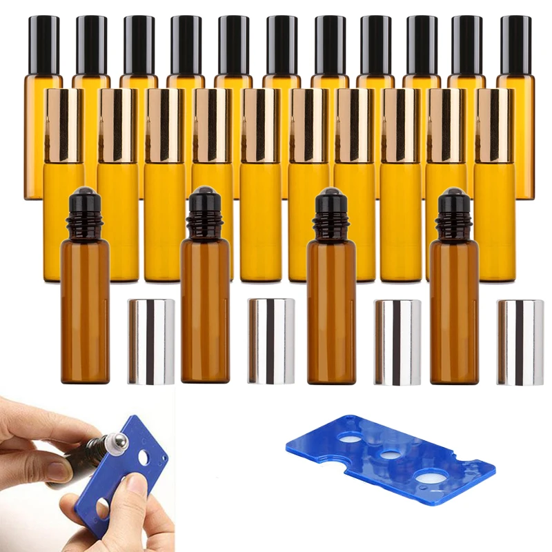 10Pcs 1/2/3/5/10ml Amber Glass Roller Balls Bottle Roll on Vials Roller Containers for Aromatherapy Essential Oil Perfume