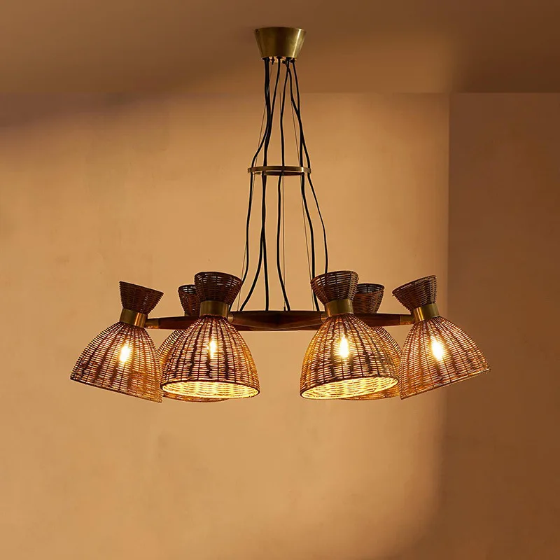 Chandelier living room bedroom dining room bed and breakfast tea room zen Chinese duplex rattan lamp