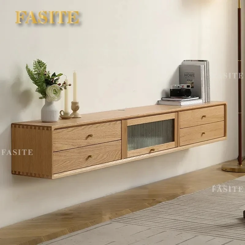 For Living Room Solid Wood TV Cabinet Double Layer Drawer Wall Mounted Storage Locker Simple Design Small Apartment Space