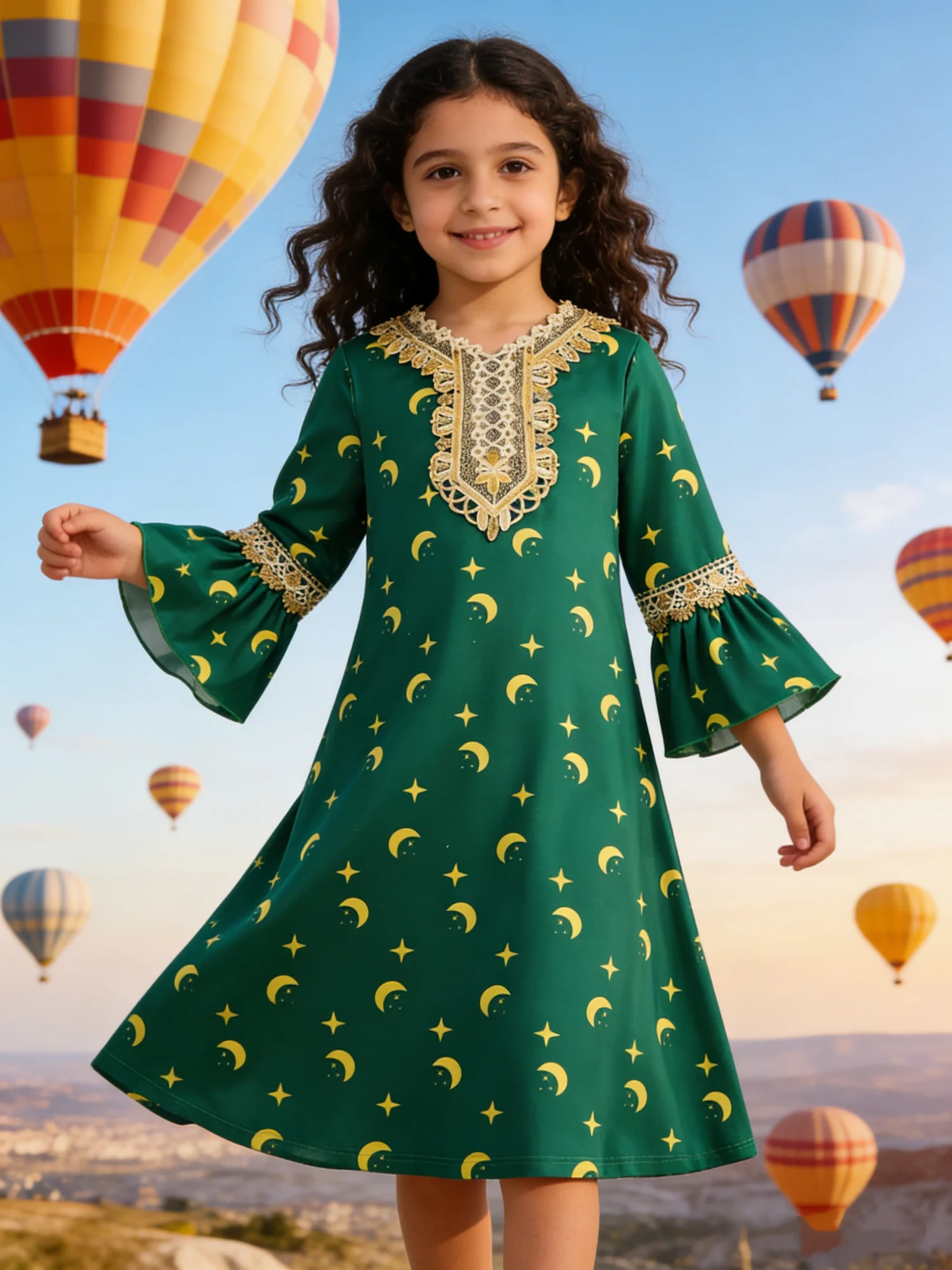 

Зеленое повседневное платье для девочек с принтом луны и золотой отделкой, двухслойная синяя сетчатая юбка, для фестиваля Пурим, на каждый день, для путешествий
